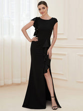 Robe longue fendue sur le devant asymétriques à volants COl U #Couleur_Noir
