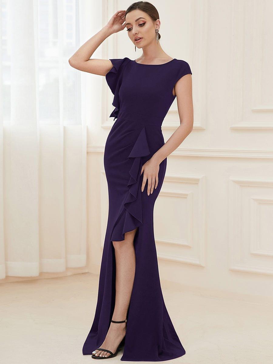 Robe longue fendue sur le devant asymétriques à volants Col U
