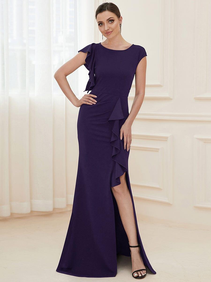 Robe longue fendue sur le devant asymétriques à volants Col U