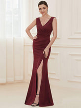 Robe Sans manches en maille à taille haute et col en V avec fente sur le devant #Couleur_Bordeaux