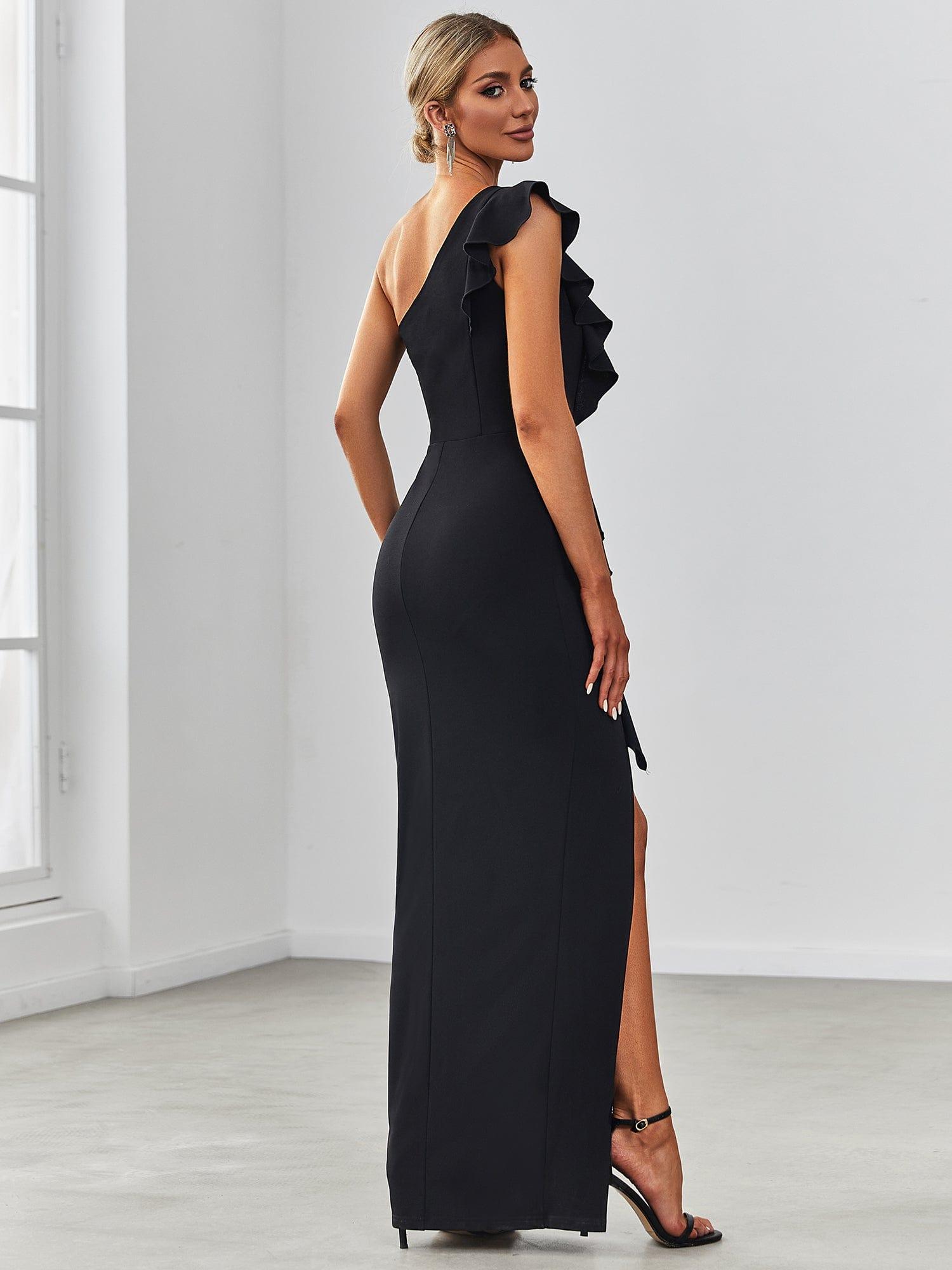 Robe élégante à une épaule fendue et extensible avec des volants #Couleur_Noir