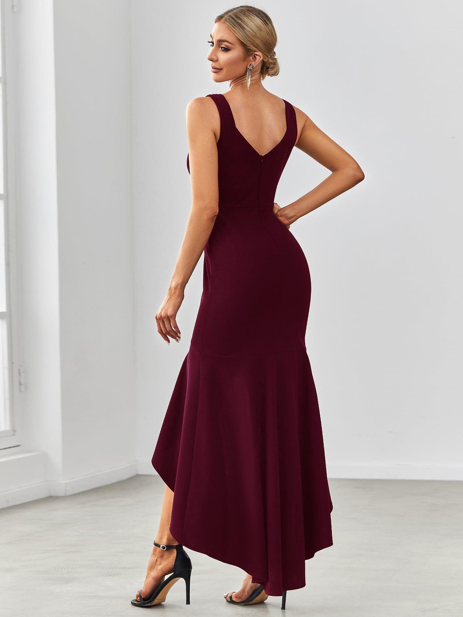 Robe Charmant sirène Haut-Bas glamour à double col en V #Couleur_Bordeaux