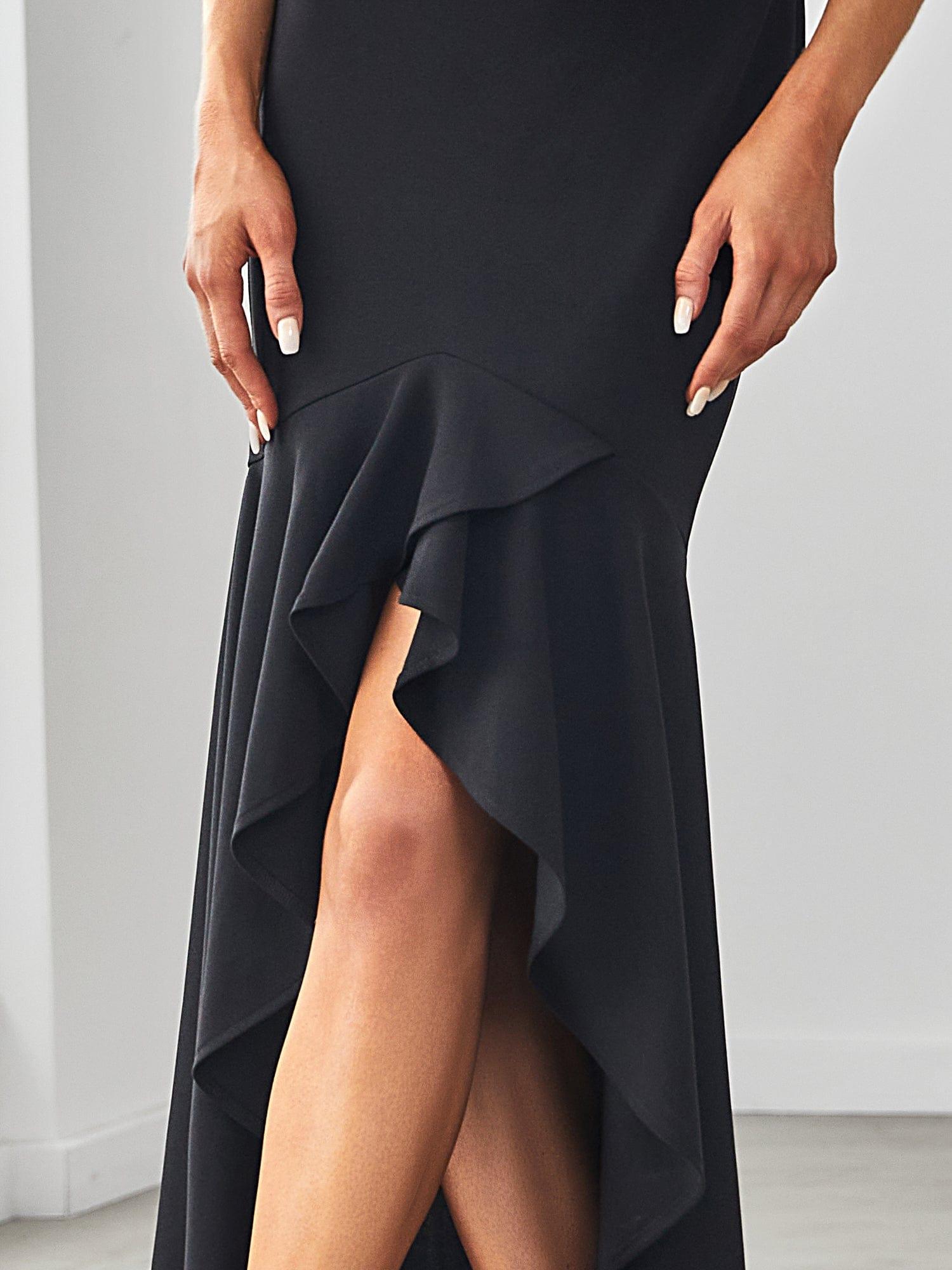 Robe Charmant sirène Haut-Bas glamour à double col en V #Couleur_Noir