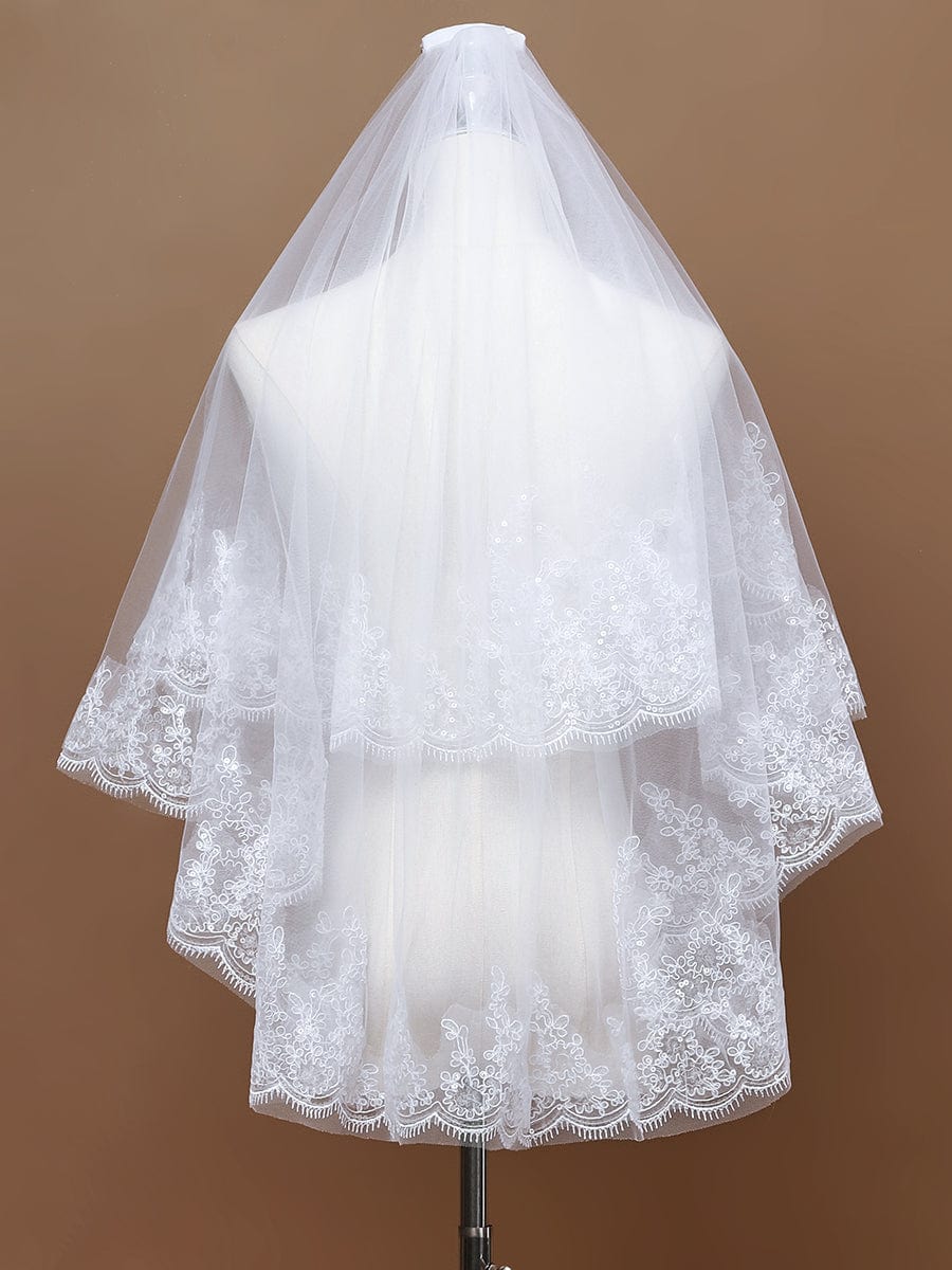 Voile de mariée en tulle à double couche avec appliques en dentelle #Couleur_Blanc