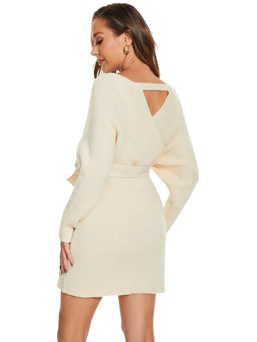 Robe pull moulante en tricot Manches dolman Encolure en V #Couleur_Beige