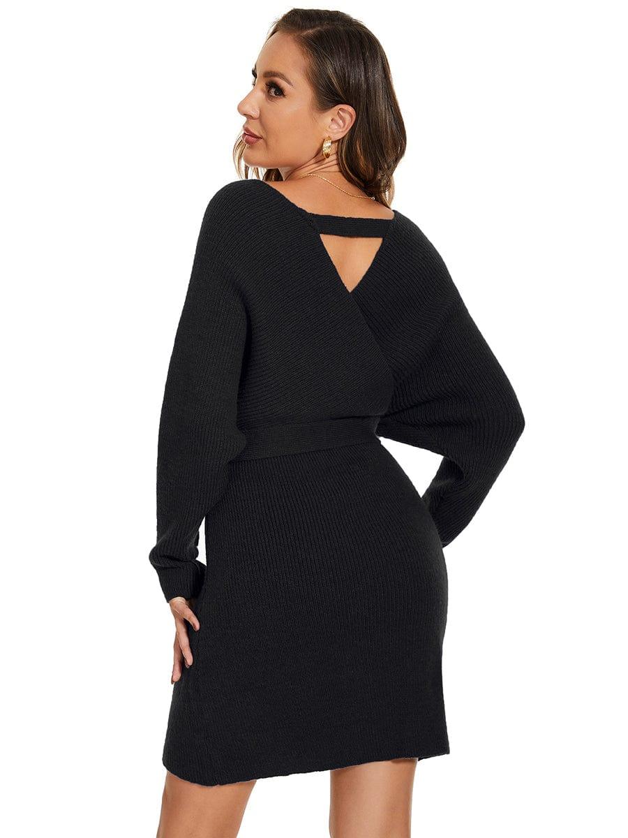 Robe pull moulante en tricot Manches dolman Encolure en V #Couleur_Noir