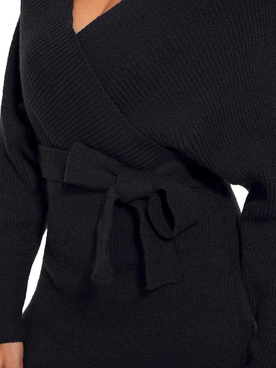 Robe pull moulante en tricot Manches dolman Encolure en V #Couleur_Noir