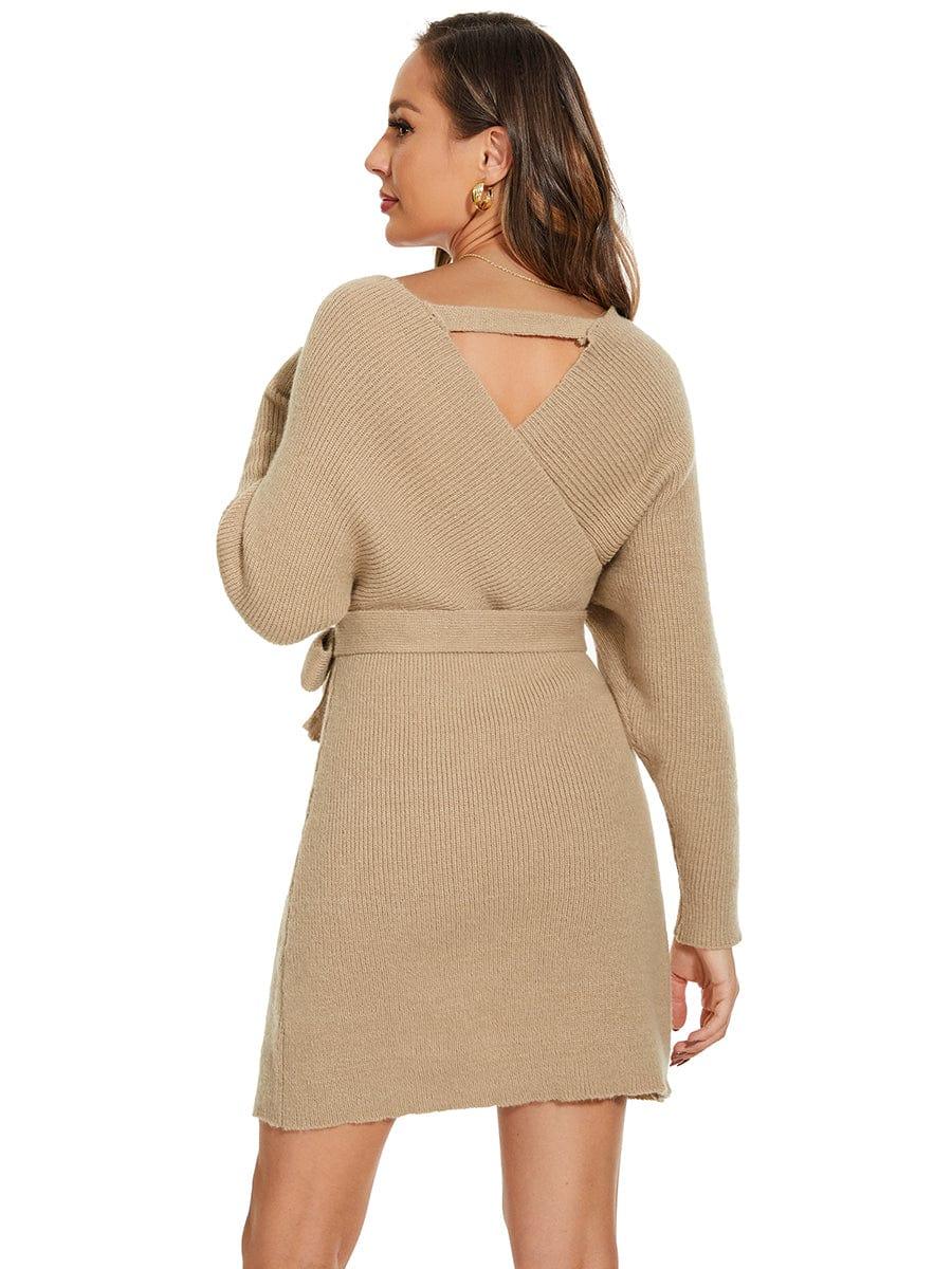 Robe pull moulante en tricot Manches dolman Encolure en V #Couleur_Kaki