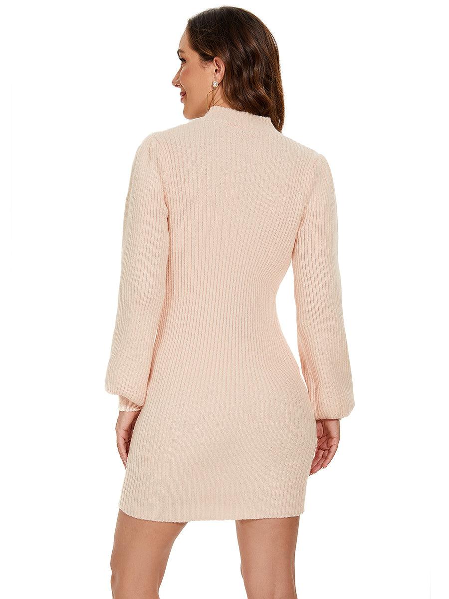 Robe pull longue col roulé en maille côtelée manches ballon #Couleur_Beige