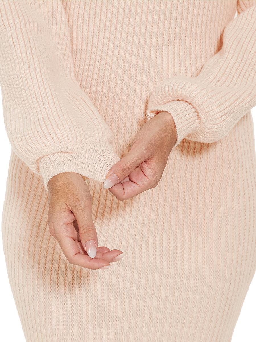 Robe pull longue col roulé en maille côtelée manches ballon #Couleur_Beige