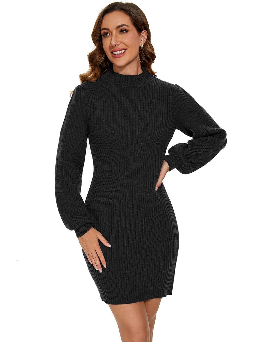 Robe pull longue col roulé en maille côtelée manches ballon #Couleur_Noir
