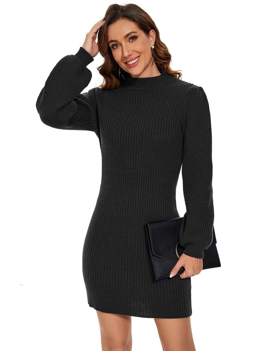 Robe pull longue col roulé en maille côtelée manches ballon #Couleur_Noir