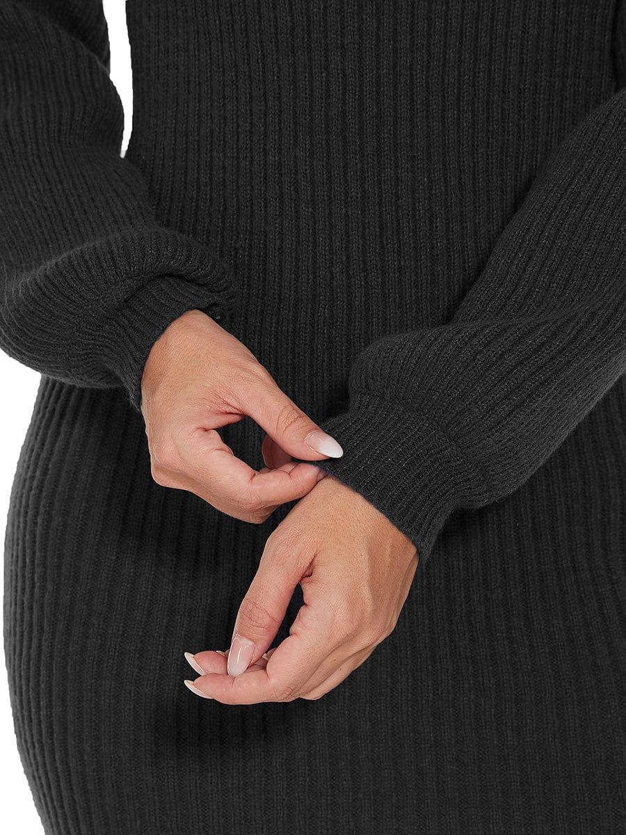 Robe pull longue col roulé en maille côtelée manches ballon #Couleur_Noir