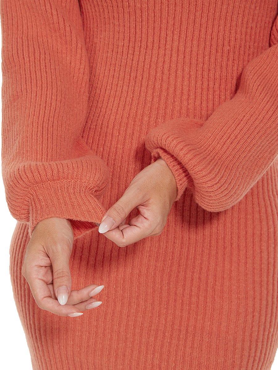 Robe pull longue col roulé en maille côtelée manches ballon #Couleur_Burnt Orange