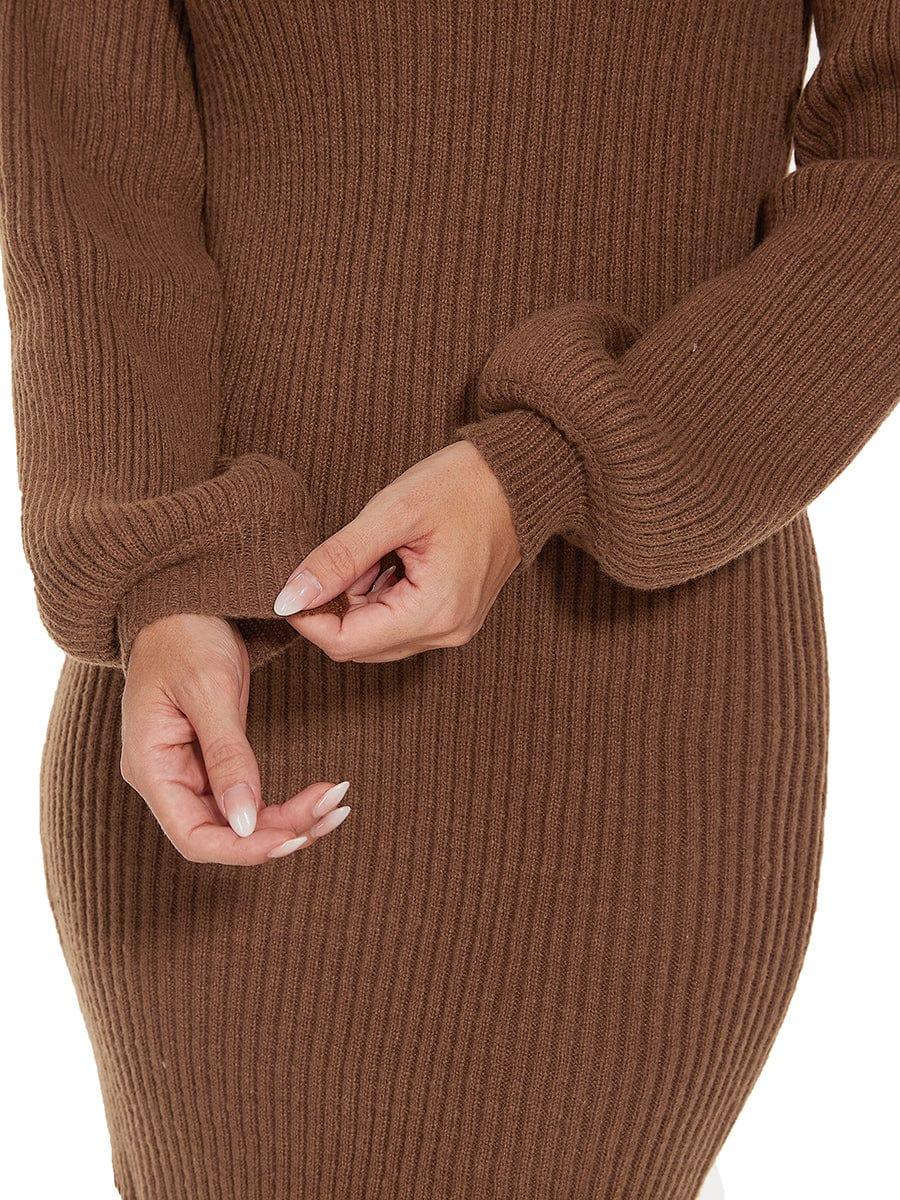 Robe pull longue col roulé en maille côtelée manches ballon #Couleur_Marron