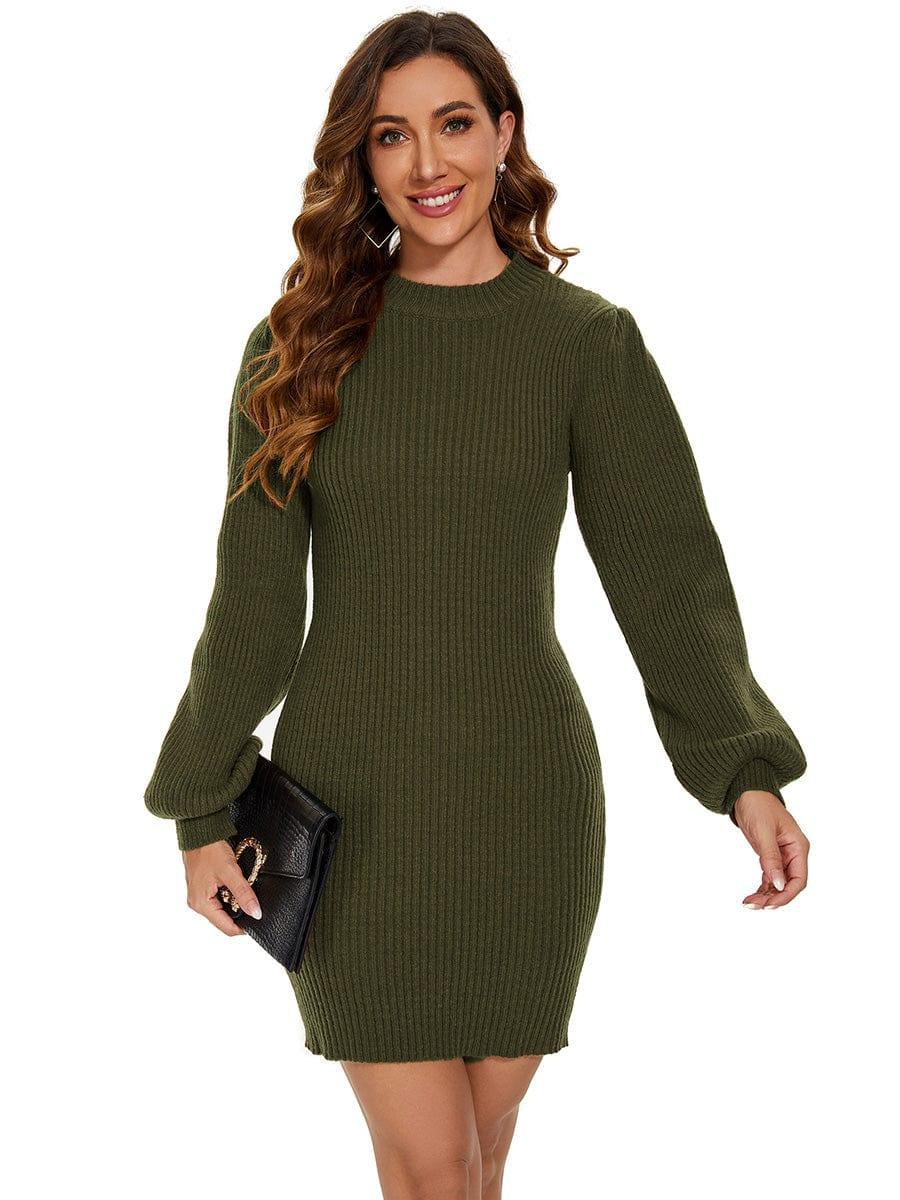 Robe pull longue col roulé en maille côtelée manches ballon #Couleur_Vert Fonce