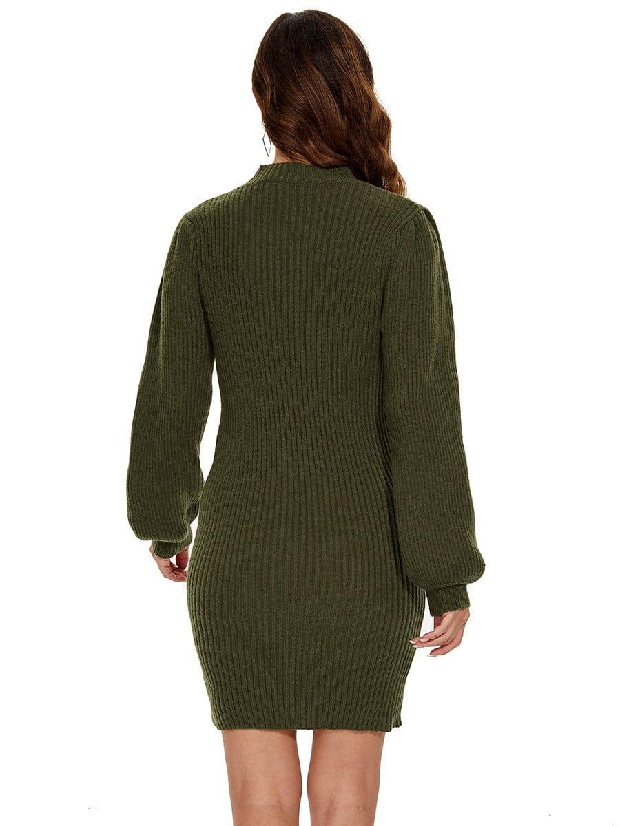Robe pull longue col roulé en maille côtelée manches ballon #Couleur_Vert Fonce