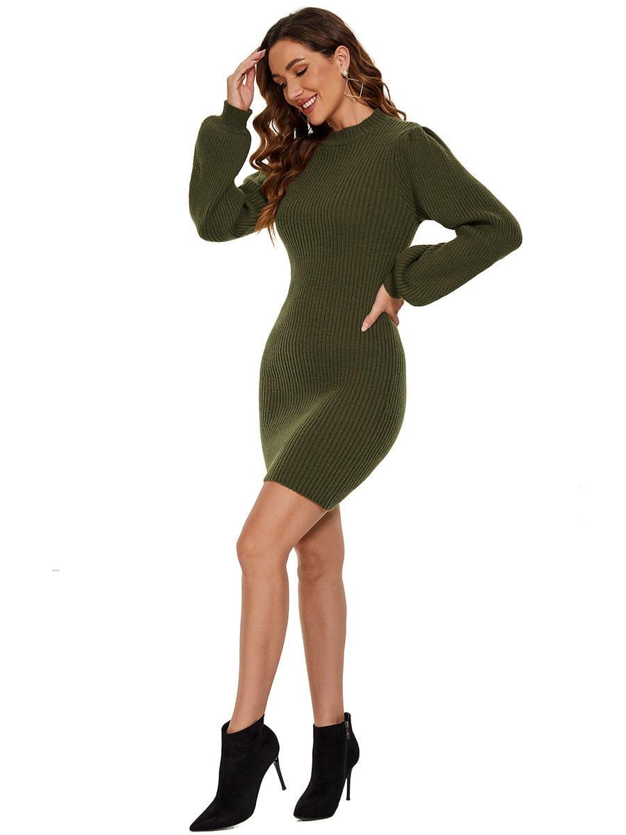 Robe pull longue col roulé en maille côtelée manches ballon #Couleur_Vert Fonce