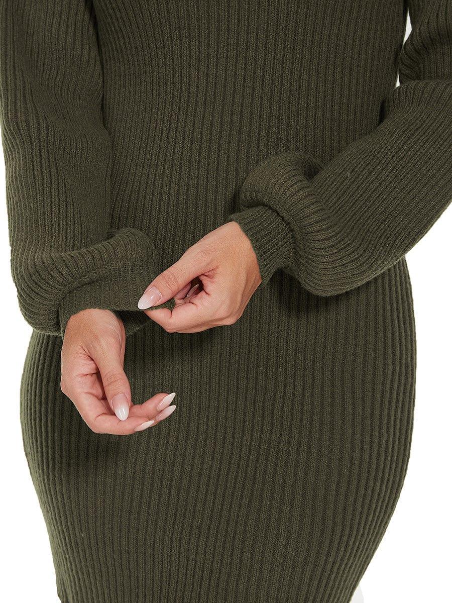 Robe pull longue col roulé en maille côtelée manches ballon #Couleur_Vert Fonce