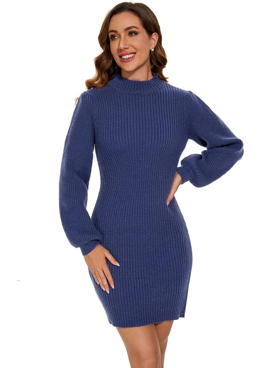 Robe pull longue col roulé en maille côtelée manches ballon #Couleur_Bleu Marine