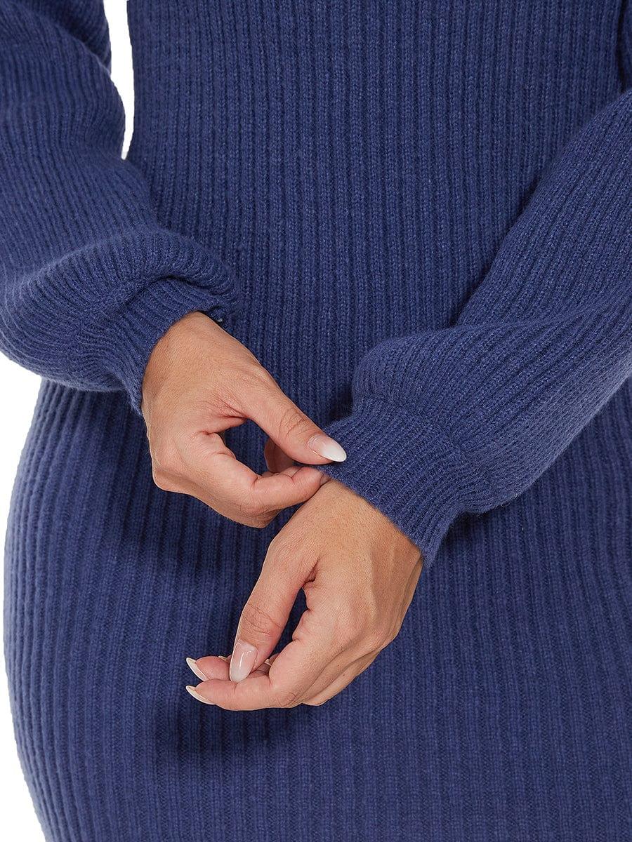 Robe pull longue col roulé en maille côtelée manches ballon #Couleur_Bleu Marine