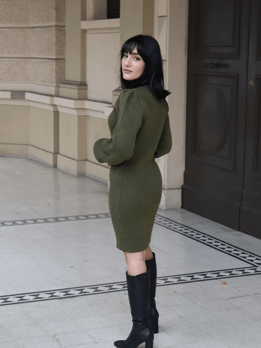 Robe pull longue col roulé en maille côtelée manches ballon #Couleur_Vert Fonce