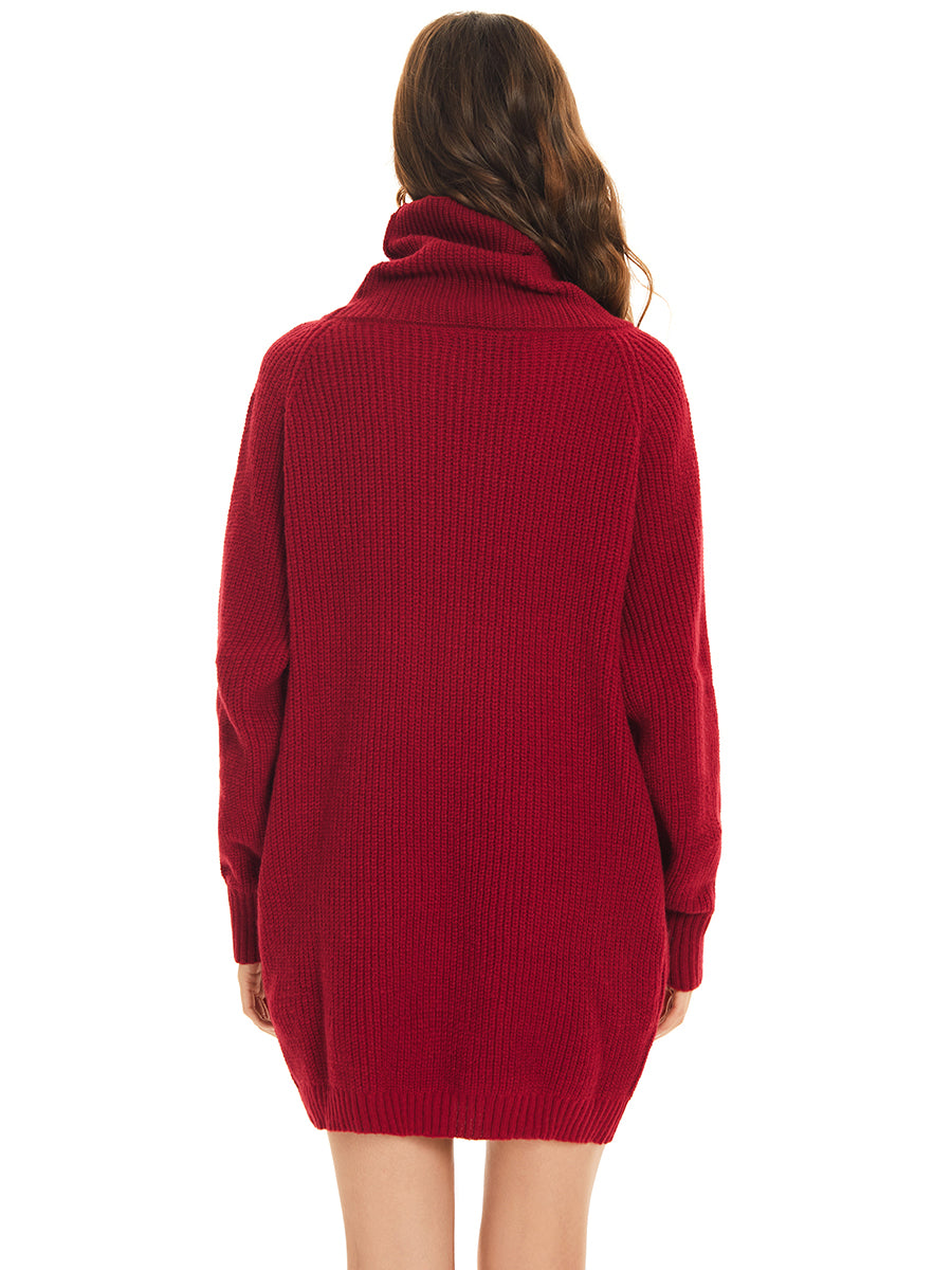 Robe pull courte à col roulé et manches longues avec poche #Couleur_Bordeaux
