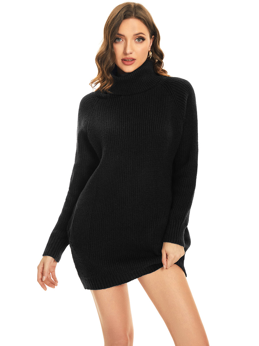 Robe pull courte à col roulé et manches longues avec poche #Couleur_Noir