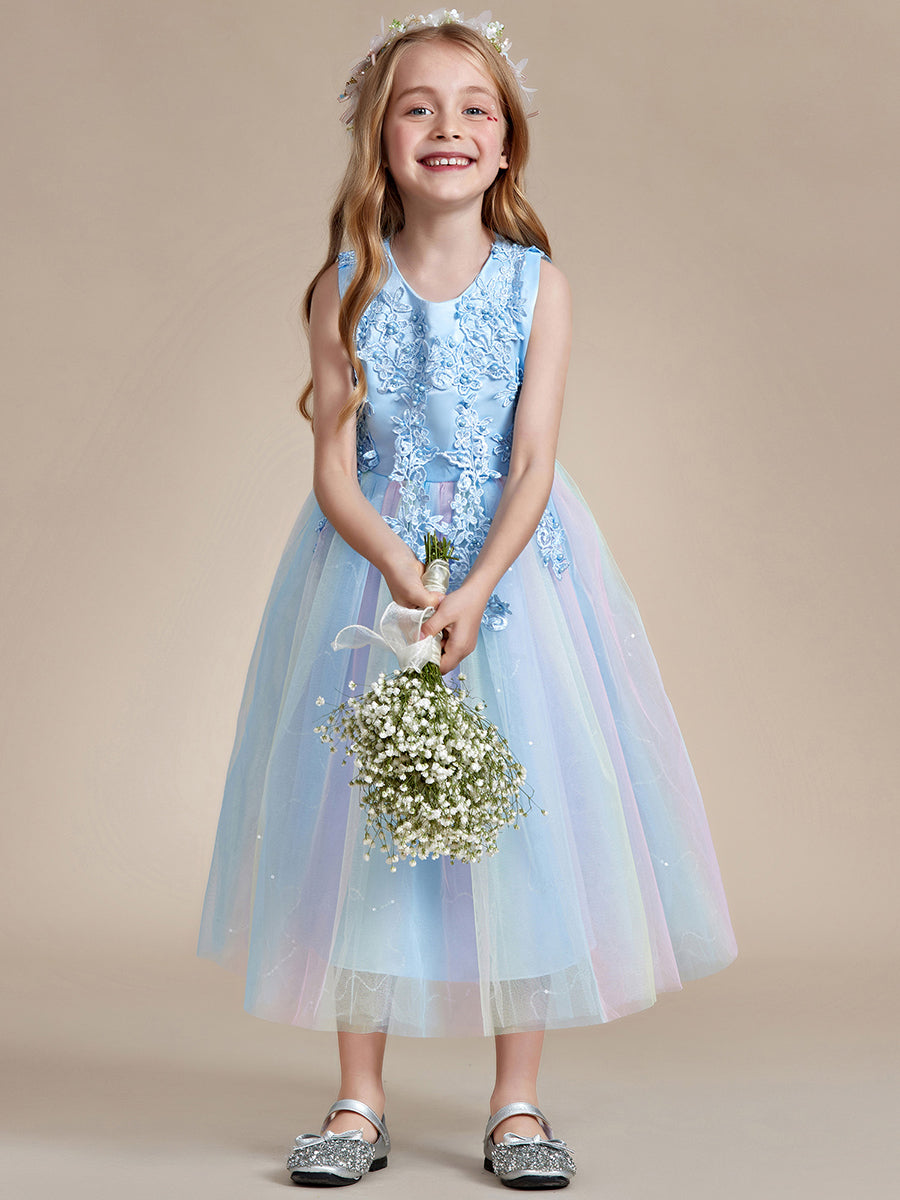 Robe Enfant d'Honneur Superbe dentelle blanche Tulle Appliques de fleurs #Couleur_Bleu Glace