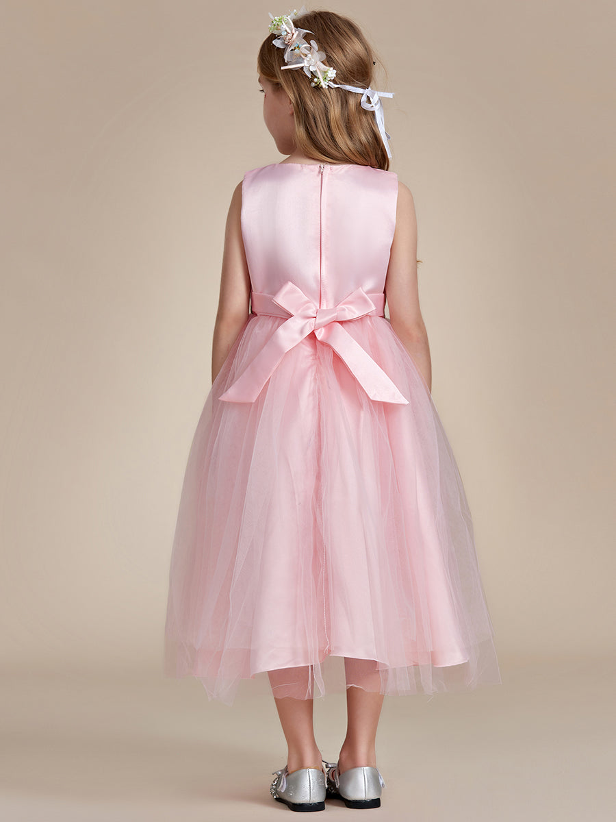 Robe Enfant d'Honneur Princesse en Tulle Aappliques délicates nœud papillon #couleur_Rose