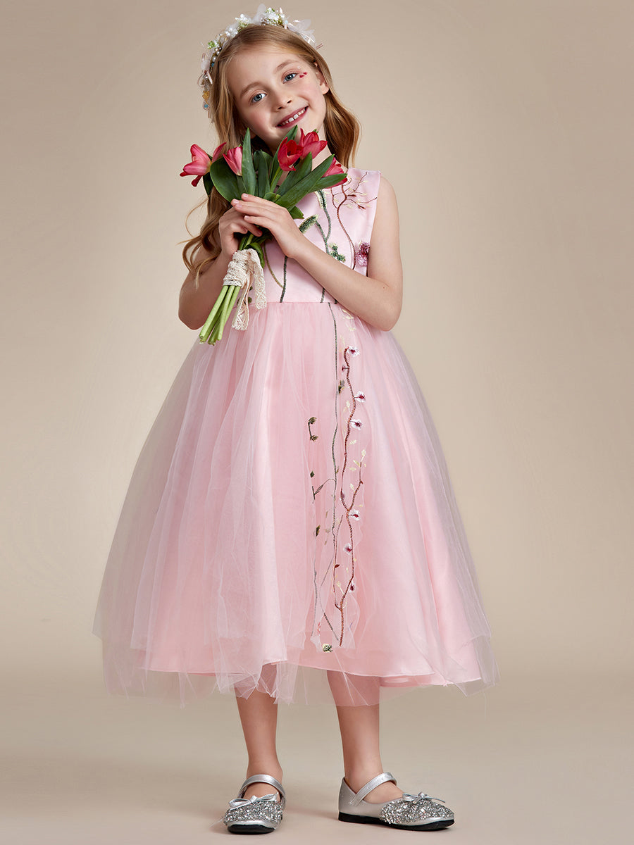 Robe Enfant d'Honneur Princesse en Tulle Aappliques délicates nœud papillon #couleur_Rose