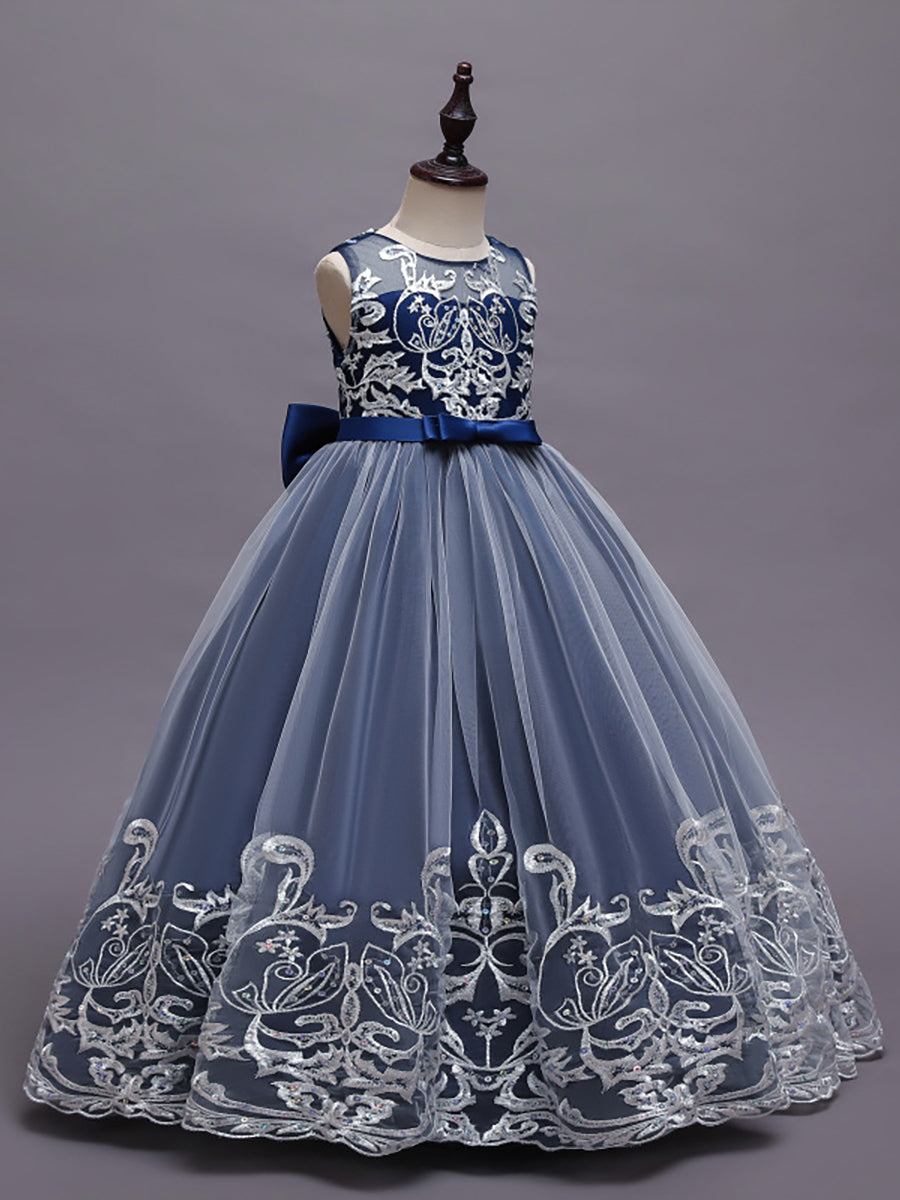 Robe Enfant d'Honneur Princesse en Tulle Aappliques délicates nœud papillon #couleur_Bleu Ciel