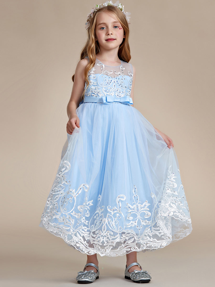 Robe Enfant d'Honneur Princesse en Tulle Aappliques délicates nœud papillon #couleur_Bleu Glace