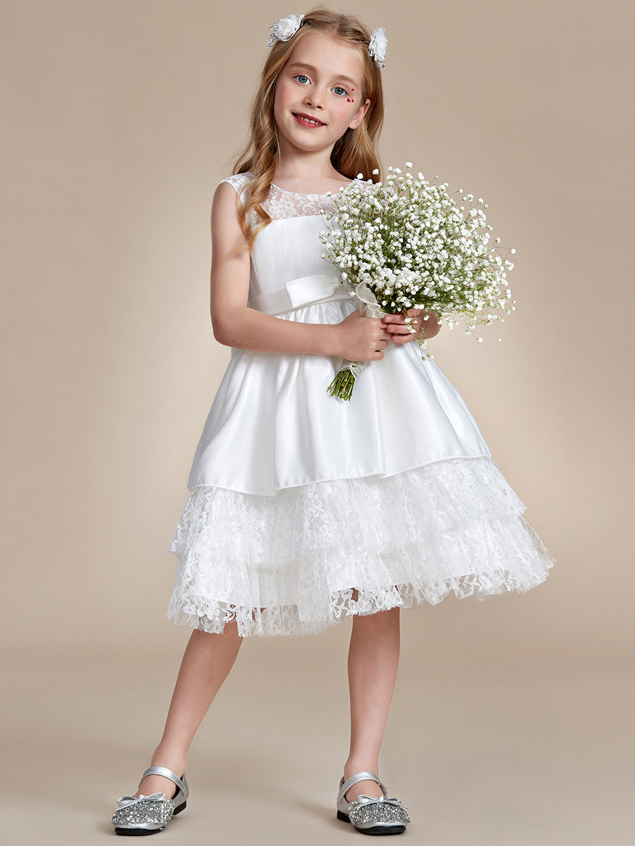 Robe Enfant d'Honneur Princesse mignonne multi-couches de dentelle et nœud papillon #couleur_Blanc