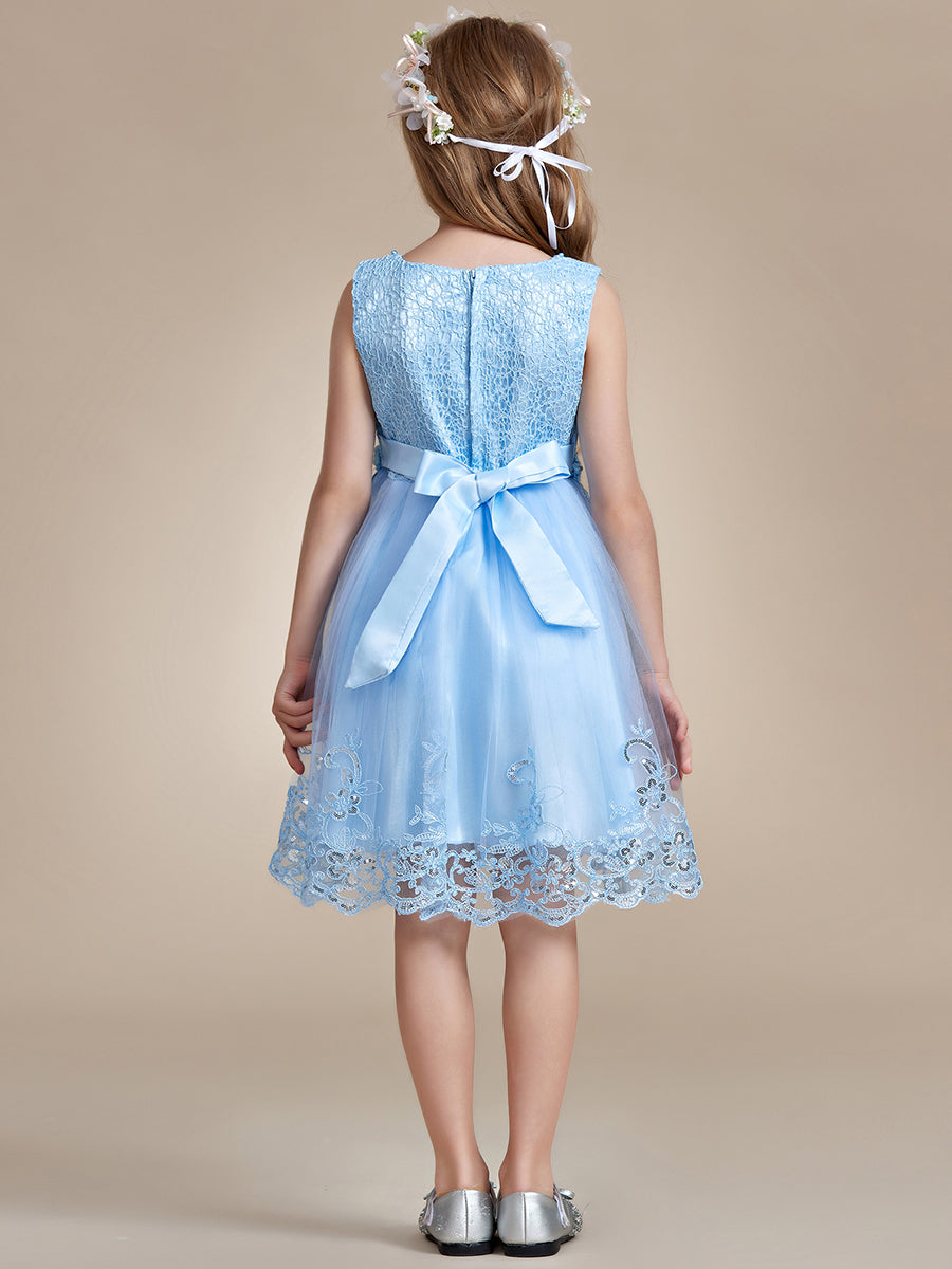 Robe Enfant d'Honneur sans Manches avec Applique en Dentelle et Nœud dans le Dos #Couleur_Bleu Ciel