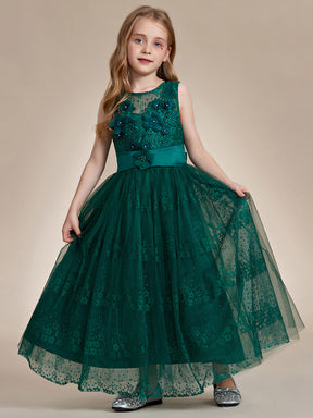 Robe Enfant d'Honneur Princesse en Tulle Floral avec Applique et Dos en Satin