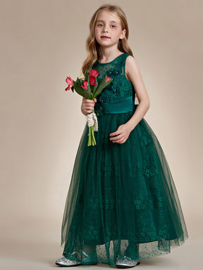 Robe Enfant d'Honneur Princesse en Tulle Floral avec Applique et Dos en Satin