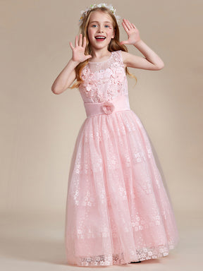 Robe Enfant d'Honneur Princesse en Tulle Floral avec Applique et Dos en Satin