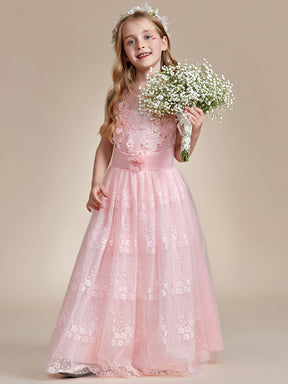 Robe Enfant d'Honneur Princesse en Tulle Floral avec Applique et Dos en Satin