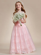 Robe Enfant d'Honneur Princesse en Tulle Floral avec Applique et Dos en Satin #Couleur_Rose