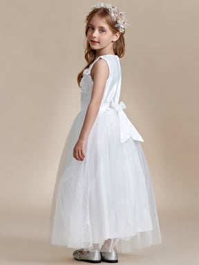 Robe Enfant d'Honneur Princesse en Tulle Floral avec Applique et Dos en Satin