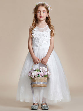 Robe Enfant d'Honneur Princesse en Tulle Floral avec Applique et Dos en Satin