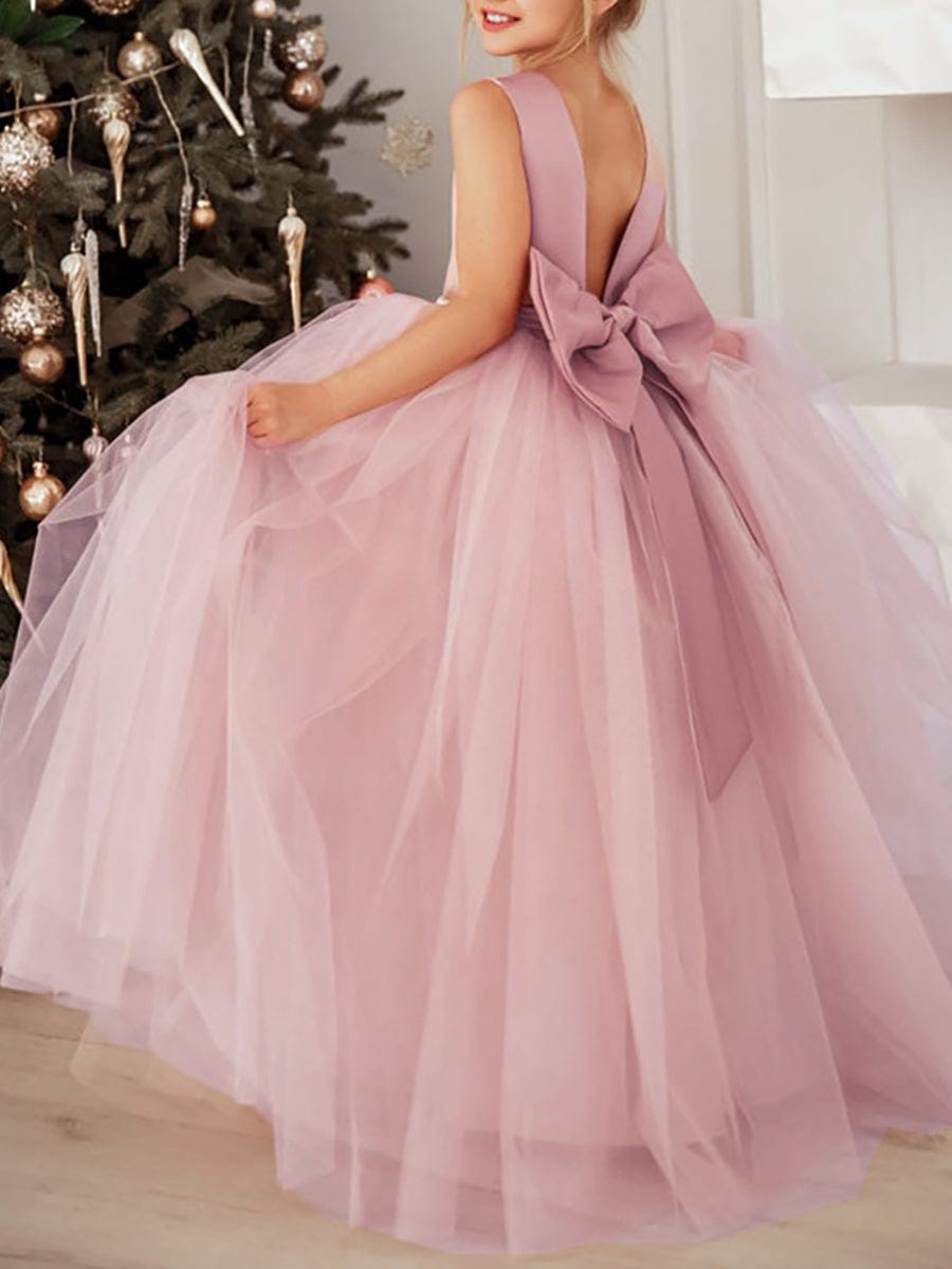 Robe Enfant d'Honneur en Satin avec Tulle Brodé et Nœud dans le Dos #Couleur_Rose corail