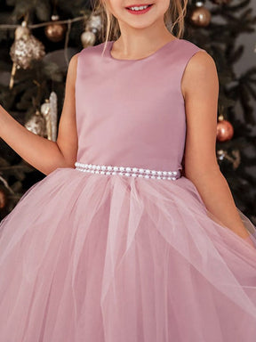 Robe Enfant d'Honneur en Satin avec Tulle Brodé et Nœud dans le Dos