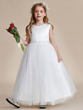 Robe Enfant d'Honneur en Satin avec Tulle Brodé et Nœud dans le Dos