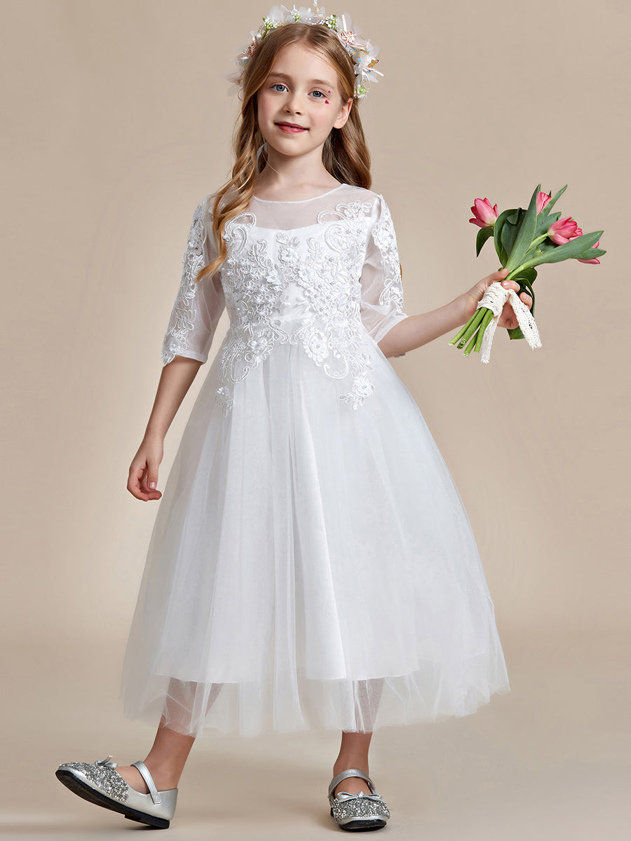 Robe Enfant d'Honneur en dentelle brodée et tulle avec manches mi-longues #couleur_Blanc