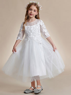 Robe Enfant d'Honneur en dentelle brodée et tulle avec manches mi-longues