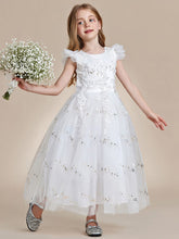 Robe Enfant d'Honneur princesse en dentelle et paillettes à manches volantées #Couleur_Blanc