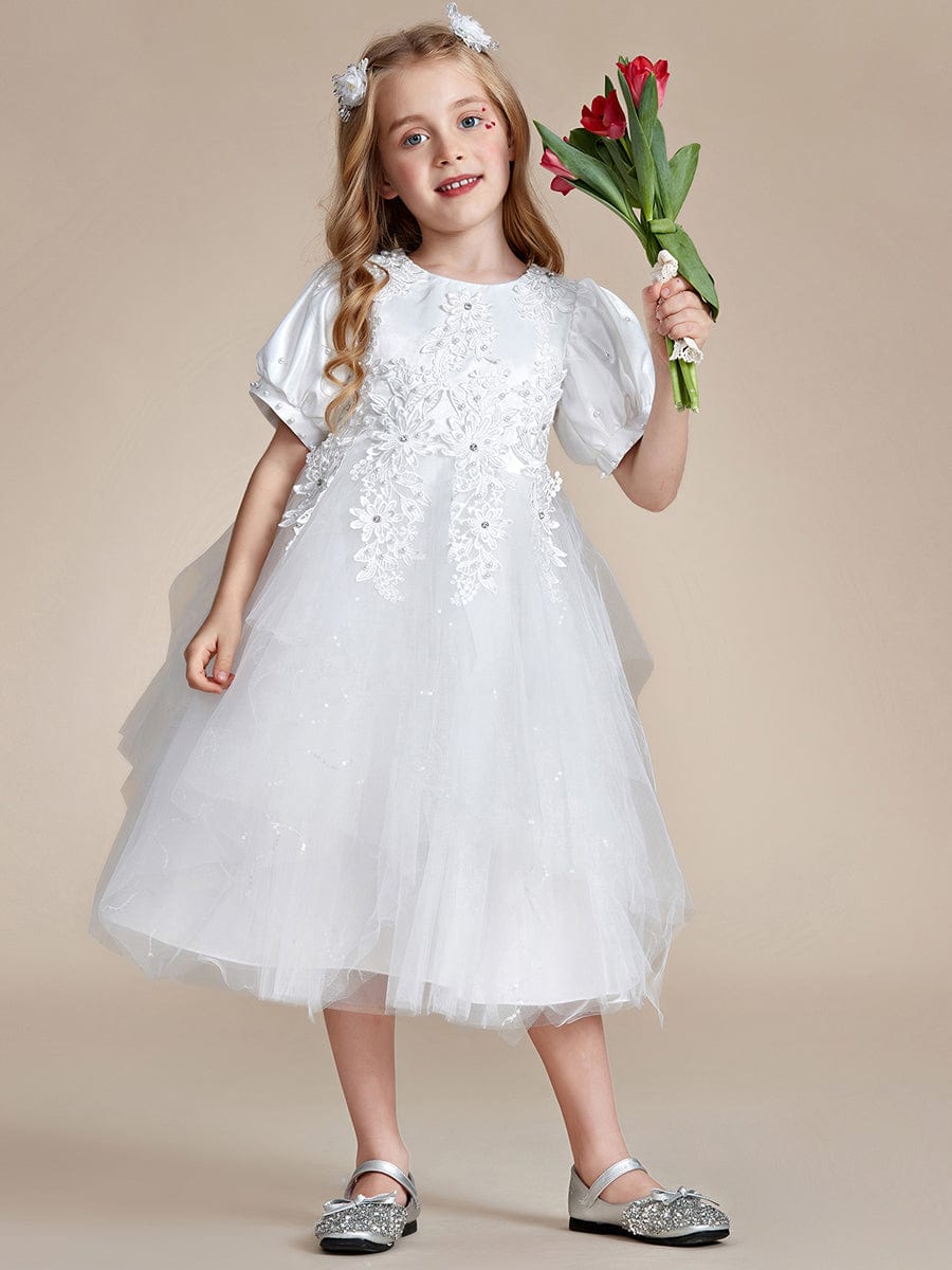 Robe Enfant d'Honneur princesse Jolie en dentelle à manches bouffantes #Couleur_Blanc