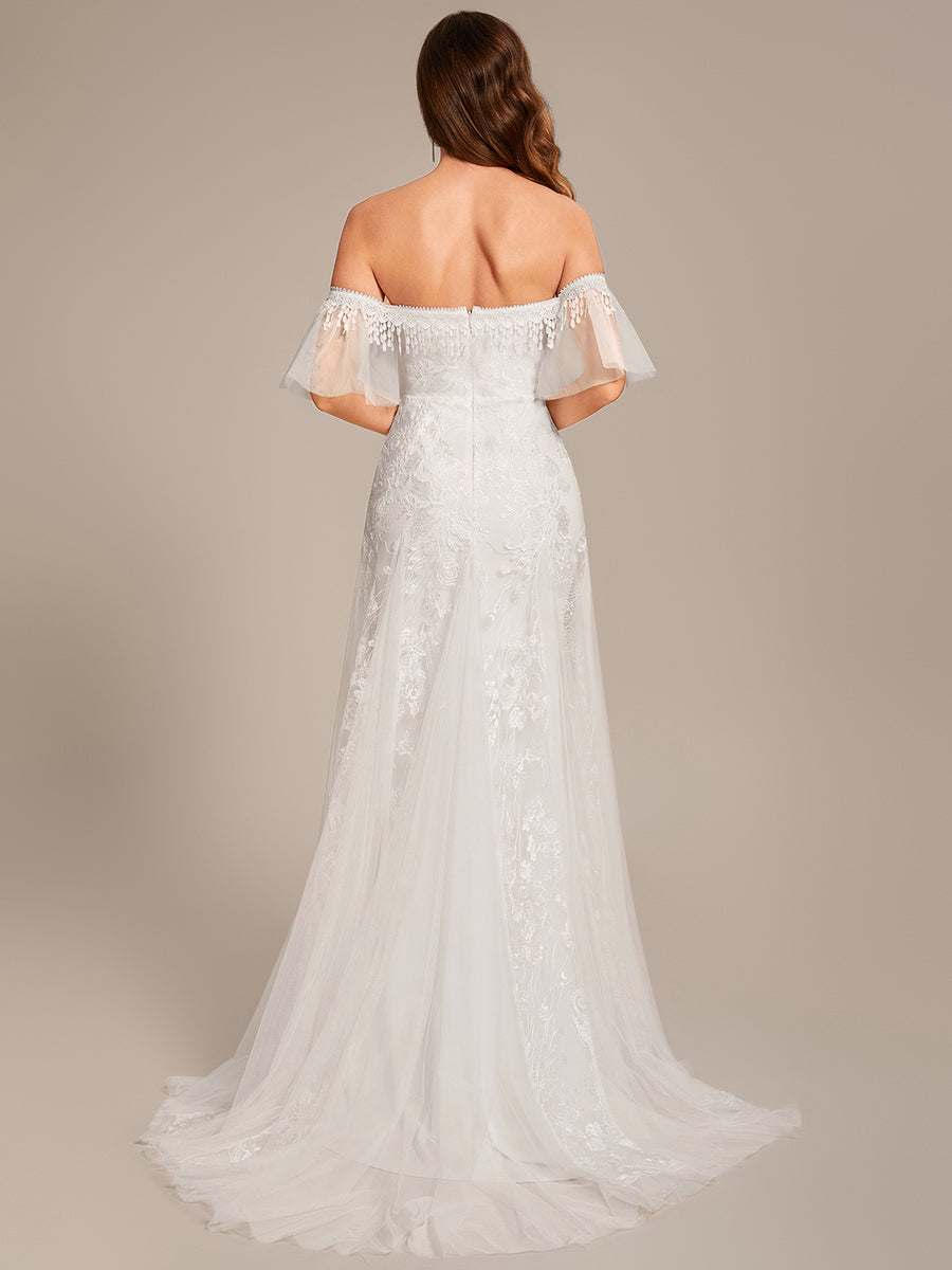 Taille personnalisée Robe de mariée en dentelle sirène moulante à épaules dénudées #Couleur_Blanc